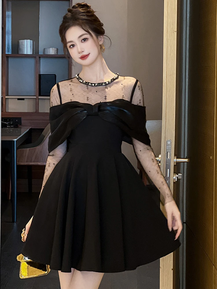 Women Clothes Black Sheer Sexy Long Sleeve Bow Slim Short Dress Luxury Elegant Ladies Evening Party Club Birthday Vestidos New