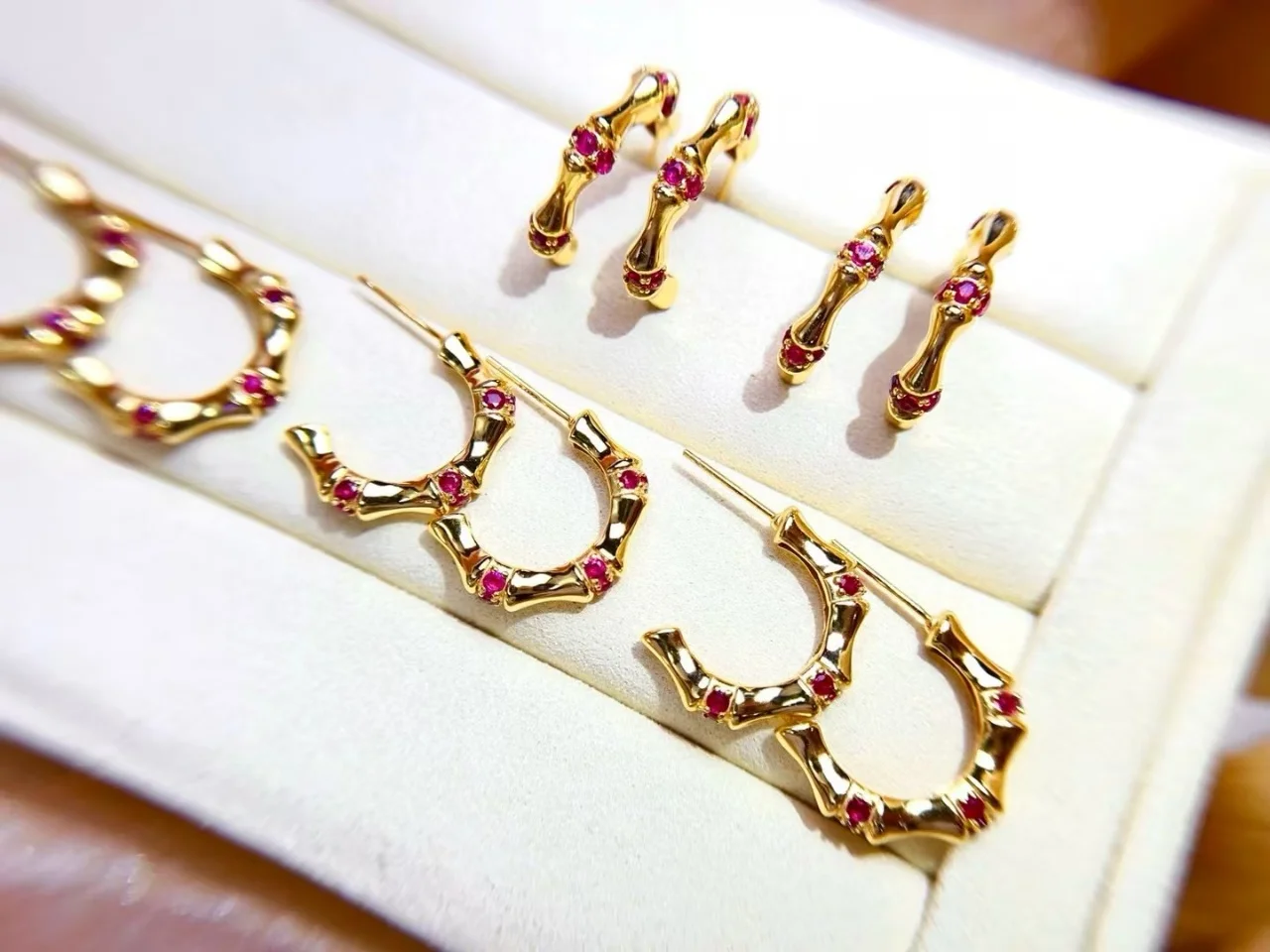 Certificated 925 Sterling Silver Set Natural Ruby C Shape Circle Ear Ring Hoop Stud for Women Bamboo Fine Earring Jewelry Gifts
