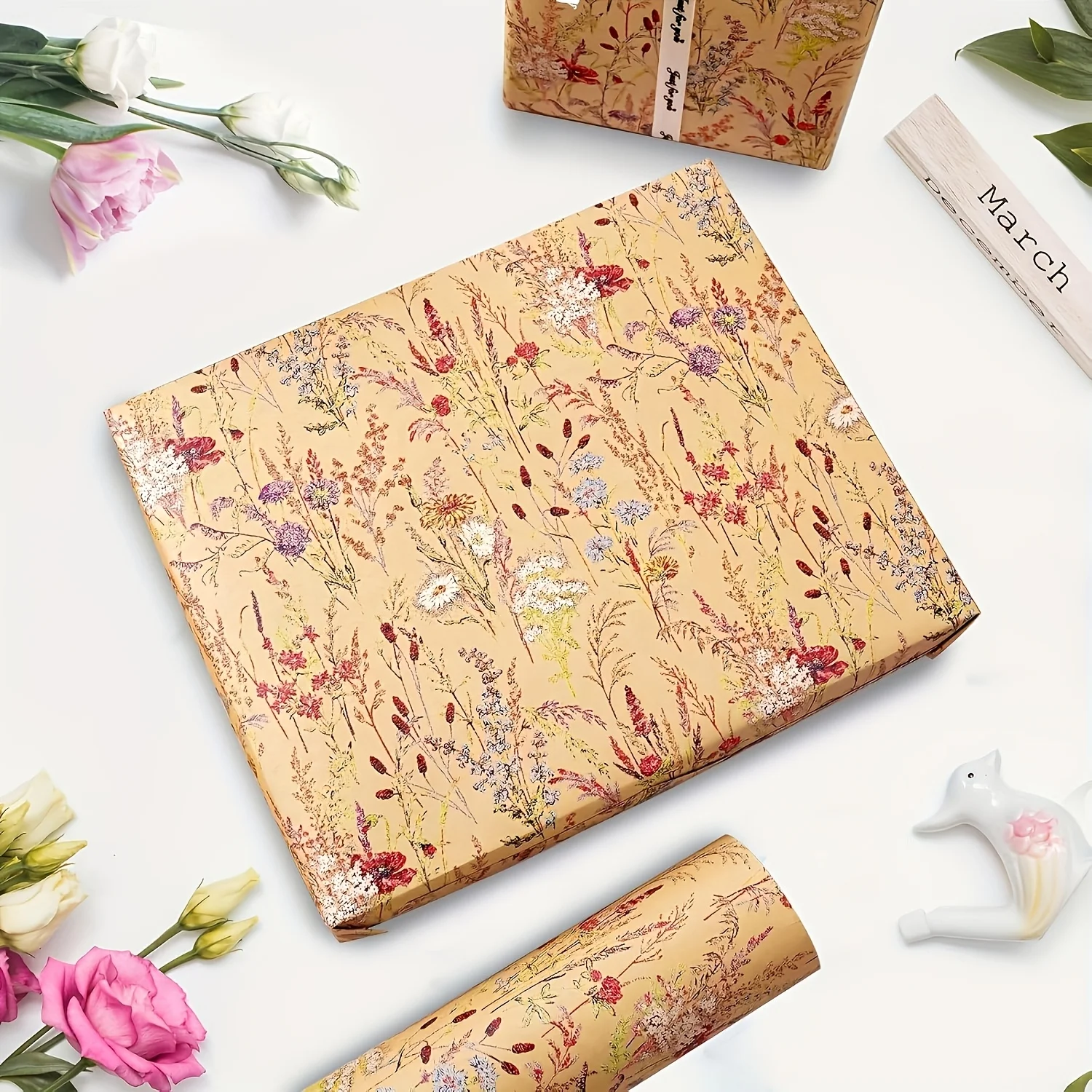 1 Roll Wildflower Wrapping Paper, 17" X 9.84' Kraft Paper Floral Design, Suitable for Women's and Girls' Gifts, Birthdays view 2