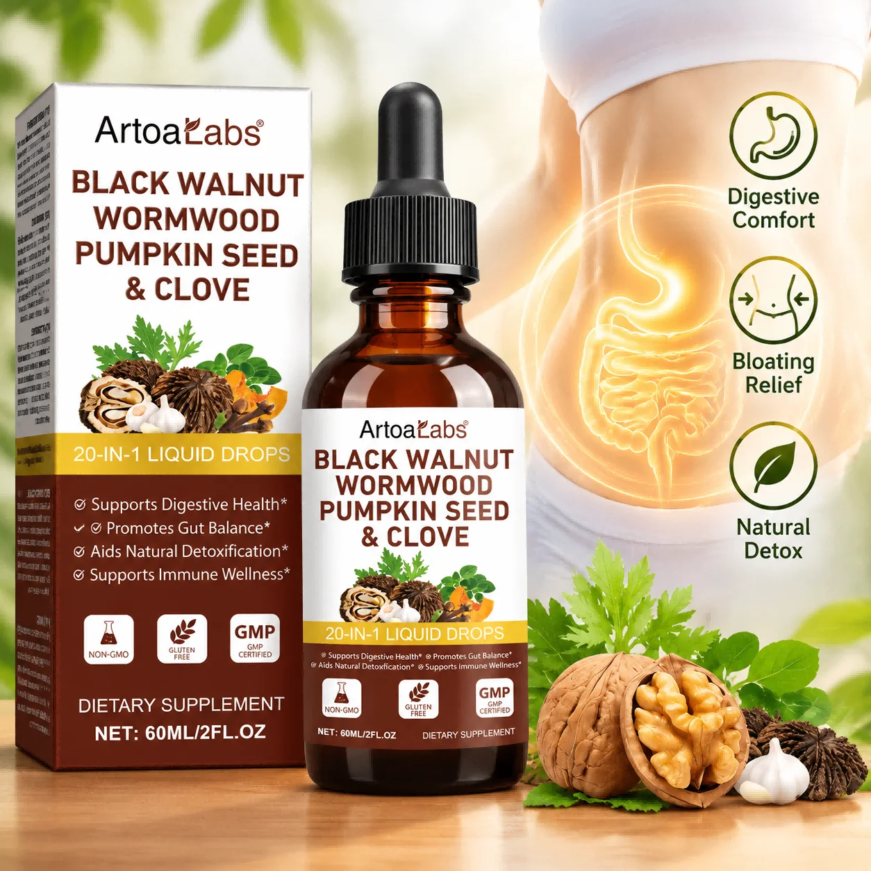 Black Walnut Wormwood Liquid Drops Parasite Cleanse Digestive Comfort Bloating Relief Natural Detox Intestinal Flora Balance Max