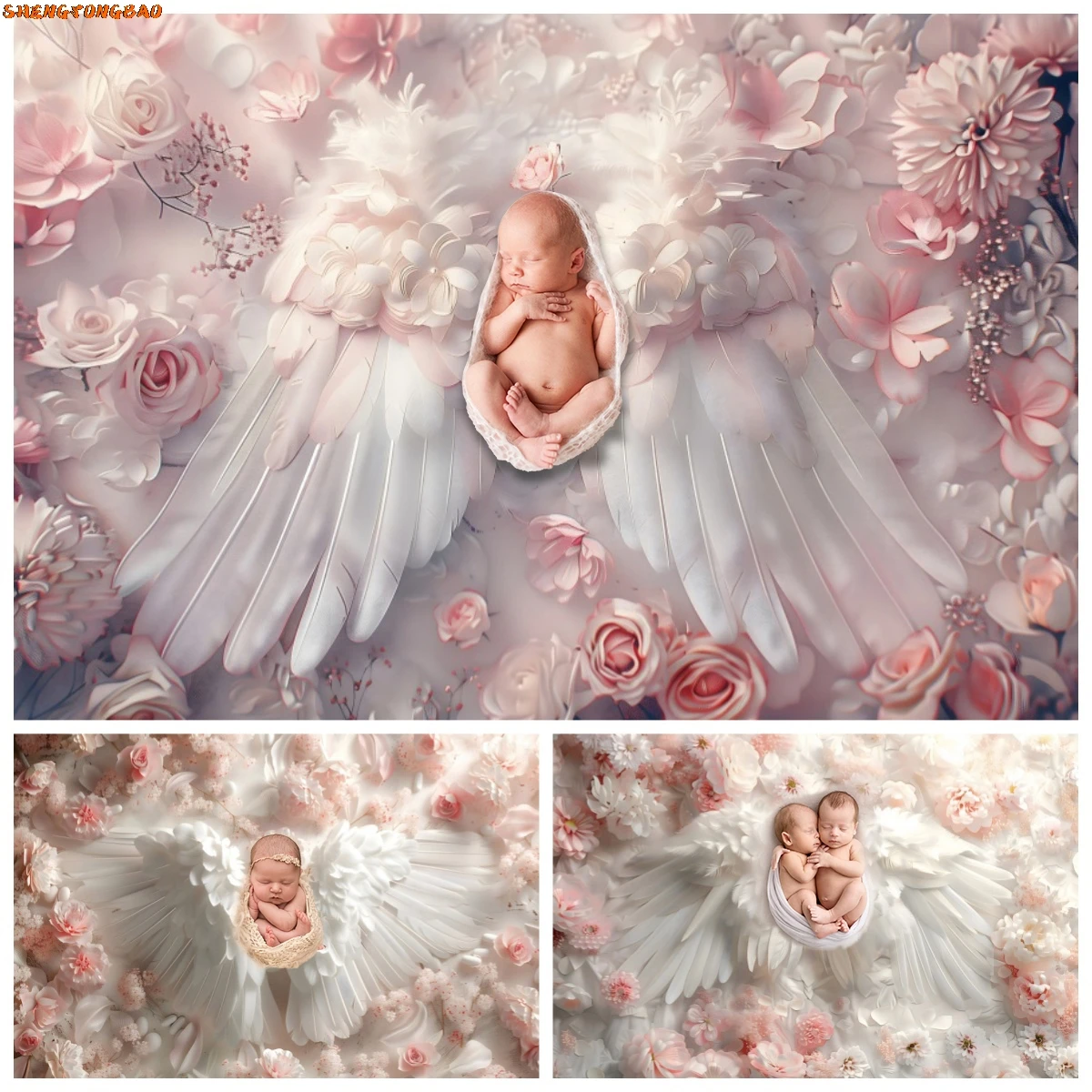 

Newborn Baby Shower Photography Backdrop Wings Flowers Scene Baby Art Portrait Photographic Background Photozone Studio Props