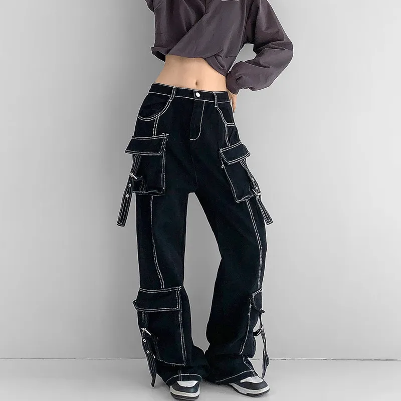 

2023 Y2K Mujer Multi Pockets Black Baggy Cargo Jeans Pants For Women Clothing Wide Leg New Rock Lady Trousers Roupas Feminina