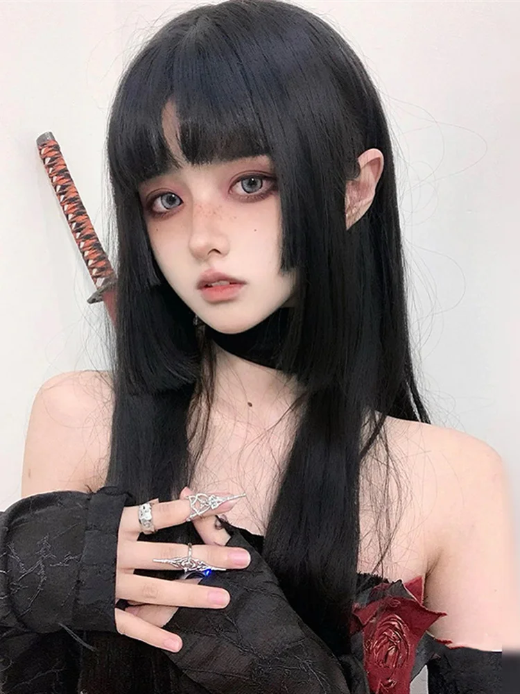 Cosplay Lolita Wig For Cute Girls Internet Celebrity Long Hair Cos Princess Cut Straight Black Head Cover Set Gift For Daily Wig