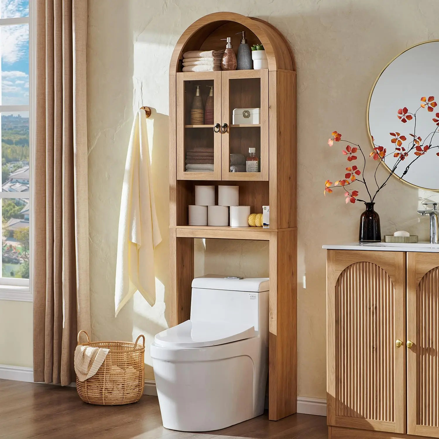 

Arched Over Toilet Storage Cabinet w/ Acrylic Doors Adjustable Shelf Space Saver Bathroom Organizer Wooden Oak, Customized