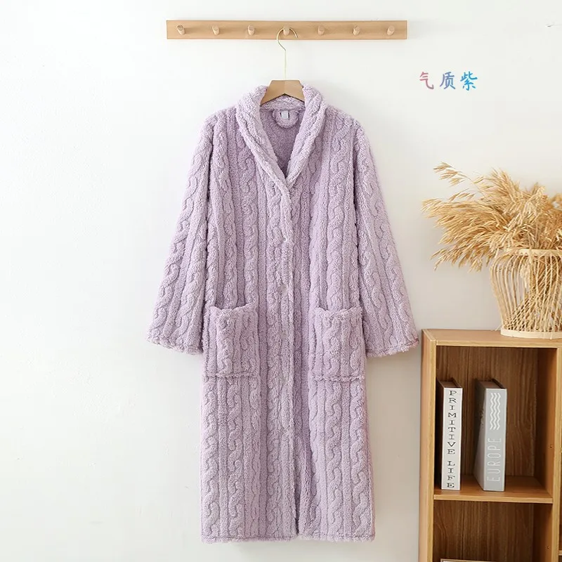 women's fleece bathrobe solid thick winter long sleeve ladies dressing gown with pockets warm flannel bath robe for female