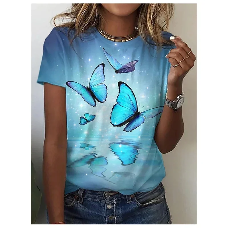 Letnia koszulka 3D Butterfly Peach Blossom Print Kwiatowy wzór Damska koszulka sportowa z krótkim rękawem Street Casual Top T-shirt