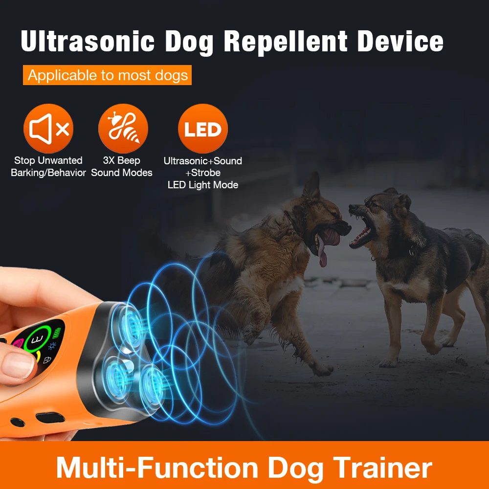 

Отпугиватель собак Портативный ультразвуковой трехуровневый ультразвуковой режим отпугивания Трехуровневый звуковой режим обучения со светодиодной подсветкой ЖК-экран