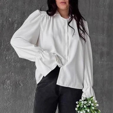 

Office Lady's Autumn Shirt White Single Breasted Flare Sleeve Pleated Femsle's Blouse Korean-style Temperament Shirt For Women