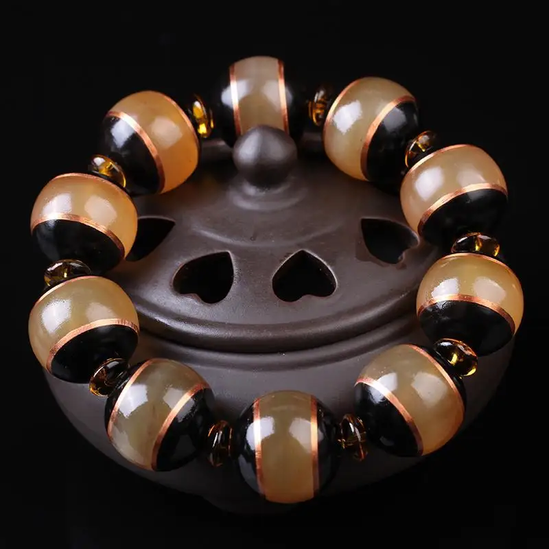 Tibet Qingre Lengliang Natural Horn Inlaid with Black Horn Copper Beads WenWan Bracelet Men's 20mm Hand String Luxury Jewelry