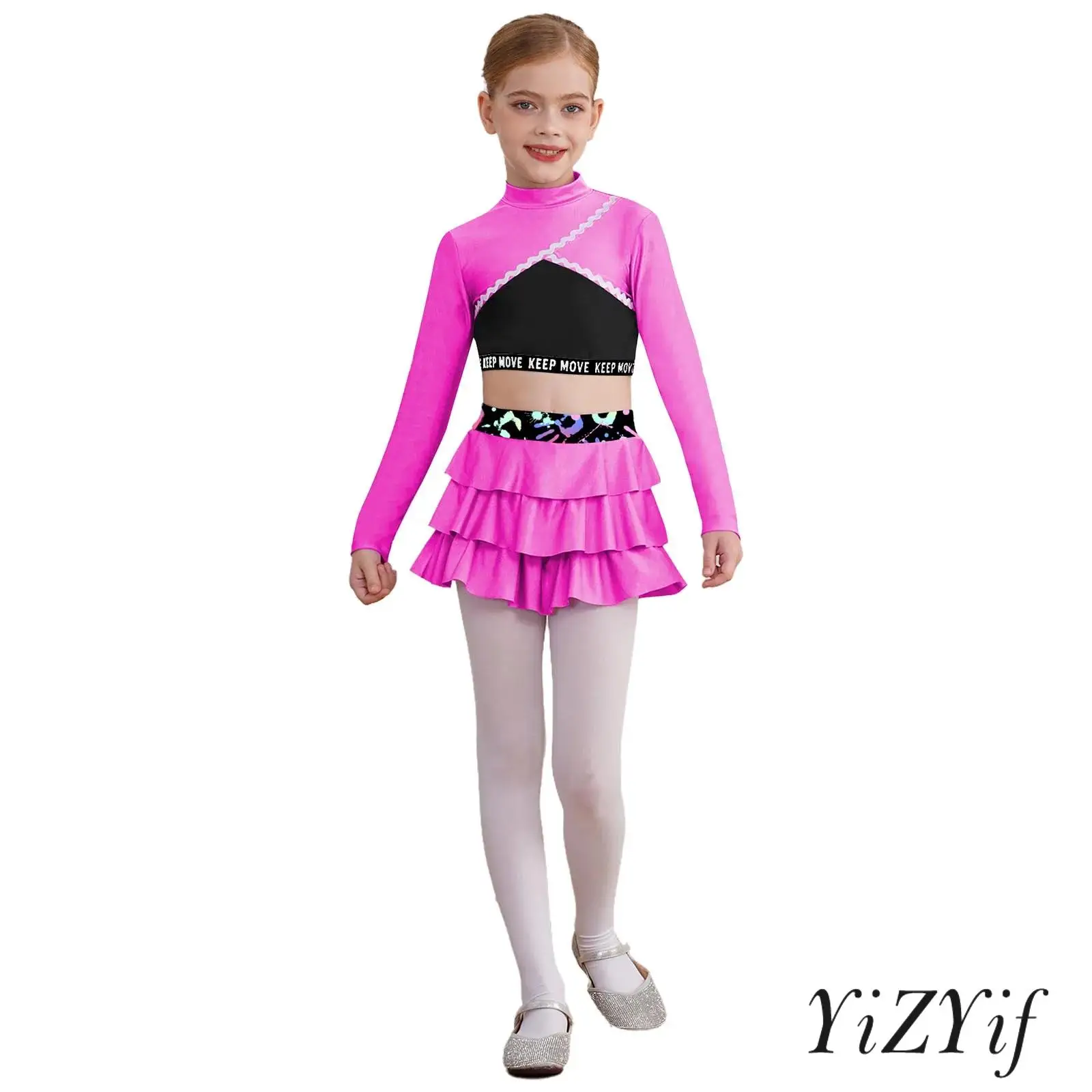 

Kids Girls 2 Pieces Jazz Ice Skating Dance Costume Jazz Dancewear Long Sleeve Crop Top with Skirt Set for Tennis Golf Sportswear