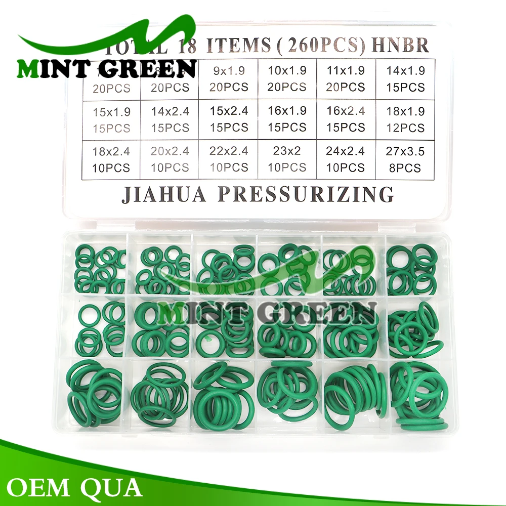 Auto AC Compressor Rubber O-rings 260 270 PCS R22/R134a Repair Seal 18 Sizes O-ring Kit Green Metric O ring Seals Nitrile