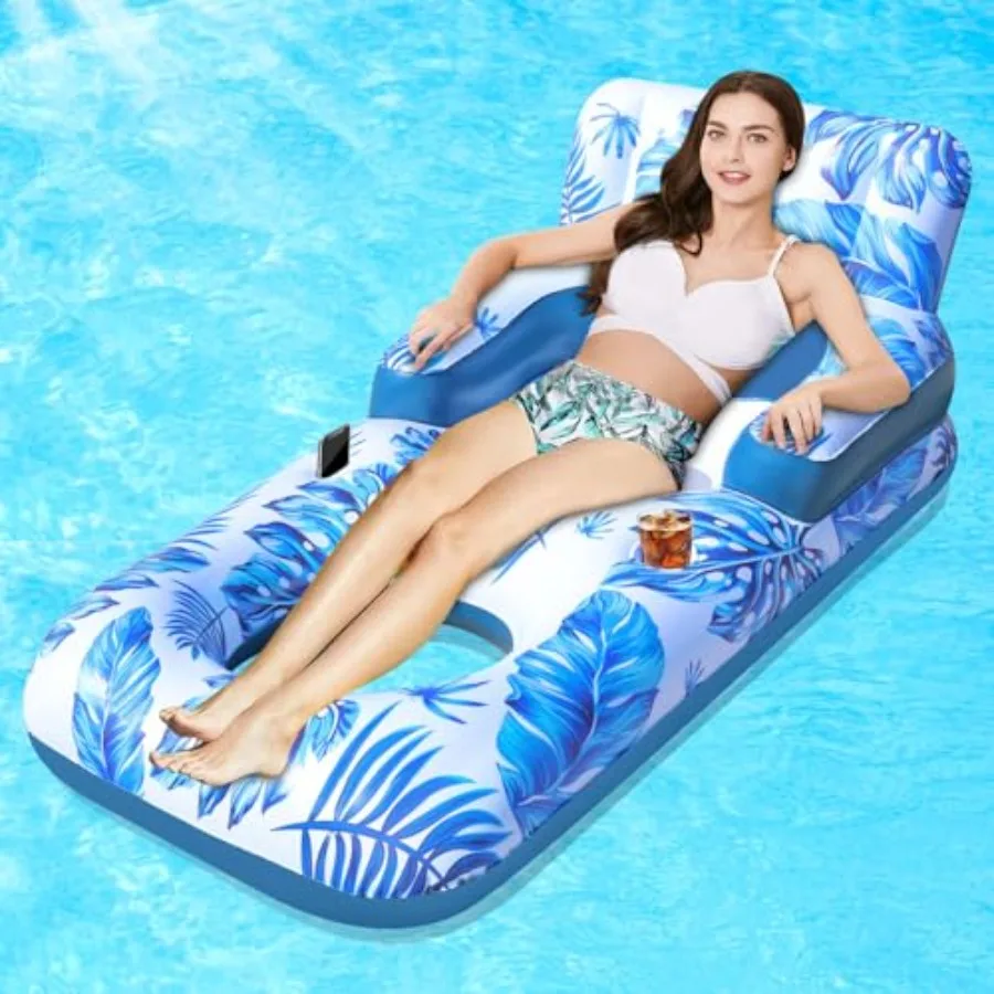 Pool Floats Adult, Pool Floaties with Cup Holder and Phone Holder, Pool Lounger Float with Headrest, Backrest and Footrest, 65