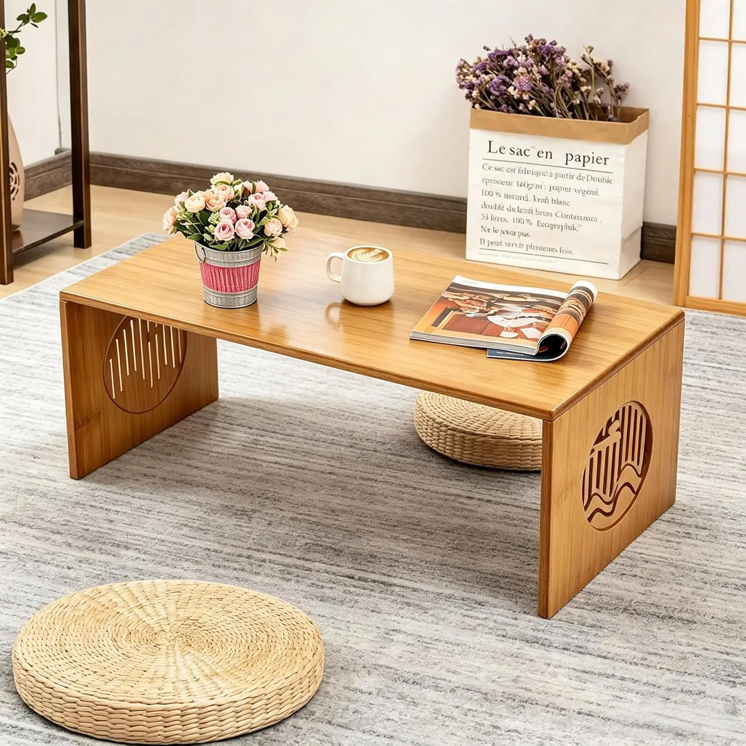 

Foldable Bamboo Floor Coffee Table, 39.4" Low Japanese Table for Sitting, No Assembly, Space-Saving for Living Room, Tea Room, Meditation