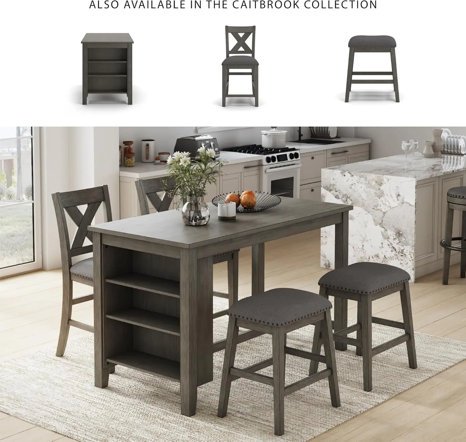 [New Arrival!]Caitbrook Rustic Counter Height Dining Table with Storage, Dark Gray