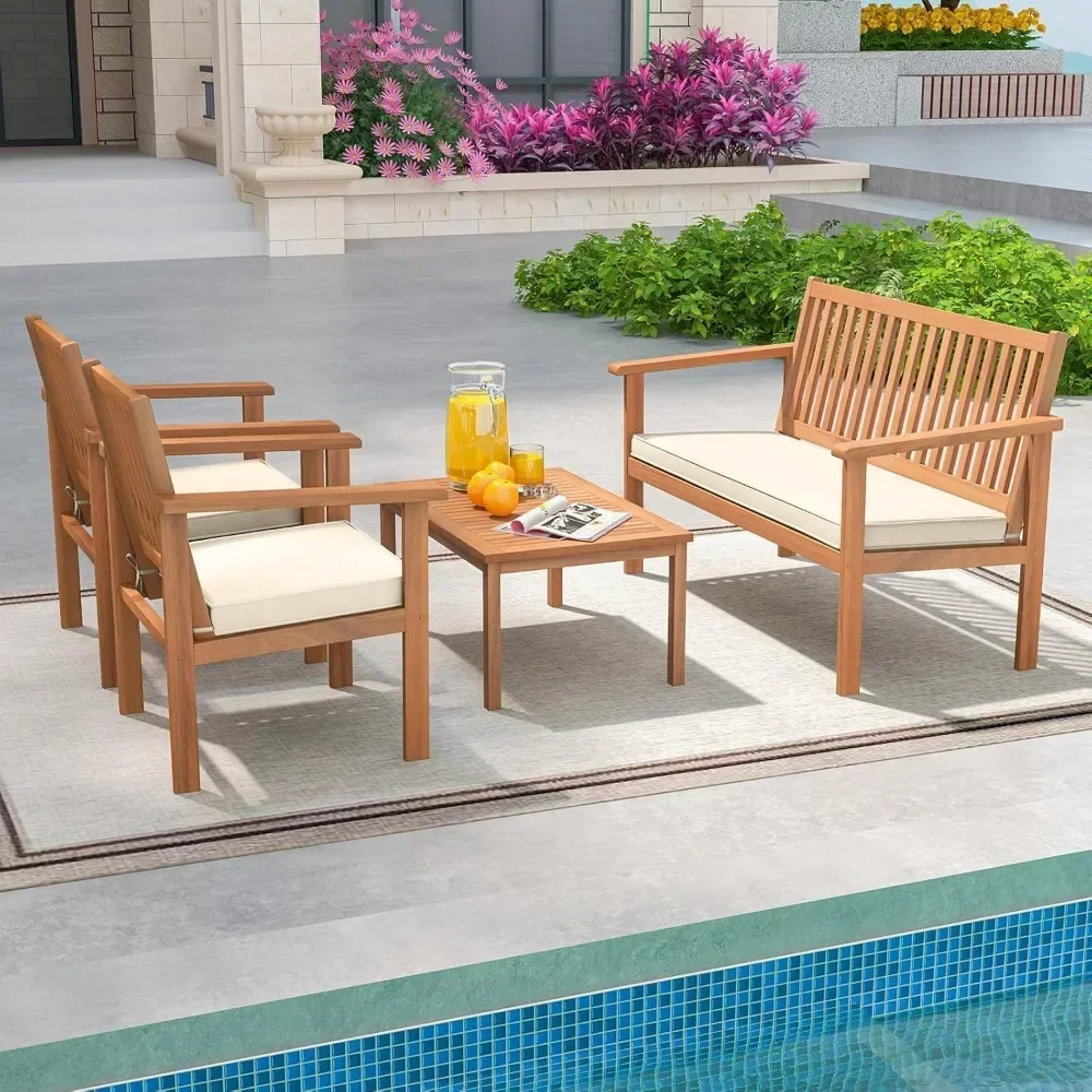 Conjunto de muebles de madera para Patio, Set de sofás de madera de Acacia con Loveseat, 2 sillas y mesa de centro, cojines de asiento suaves, 4 piezas