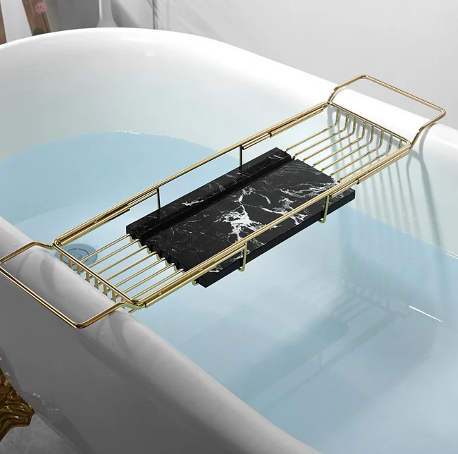 

Luxury Rustproof Gold Stainless Steel 304 Multi Function Marble Bathtub Tray Caddy