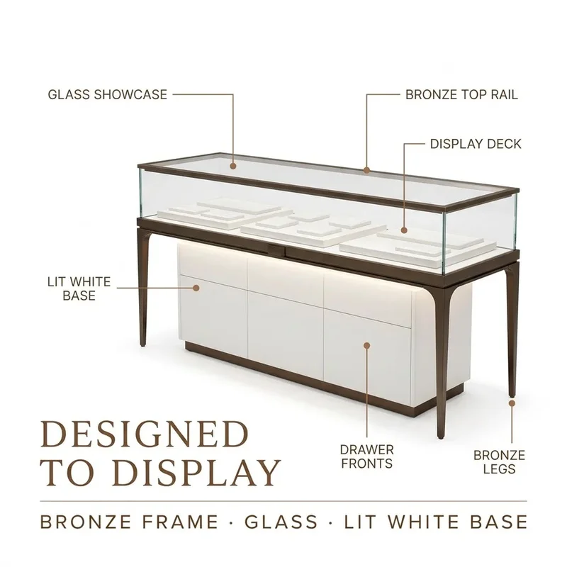 custom.Custom Jewelry Display Cabinet Set LED Lit Long Glass Showcase Storage Drawer Jewelry Store Display Fixture