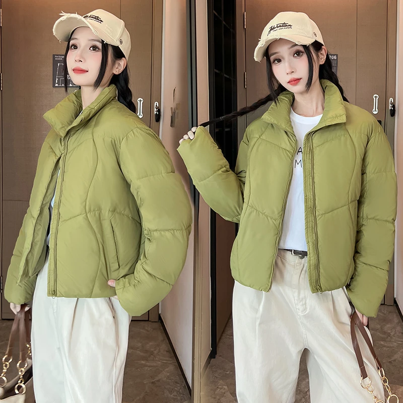 Fashion New Short Parka Coat 2025 Winter Cotton Padded Jackets Stand Collar Long Sleeve Thick Bread Clothes Solid Casual Outwear