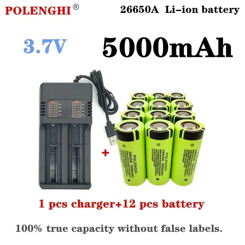 100% brand new original flat head high-quality foot capacity 5000mAh 26650A 3.7V lithium-ion rechargeable battery USB charger