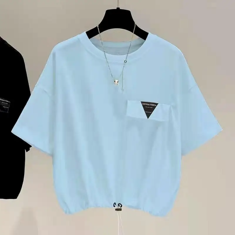 Oversized T Shirts Women Summer Trendy Short Sleeve T-shirt Loose Design Niche Tops Korean Style Drawstring Casual Tshirts Woman