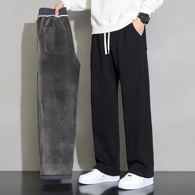 Autumn and Winter Casual Sweatpants for Men Straight Leg Loose Fit Sports Cycling Exercise Trend with Plush Wide Leg Pants