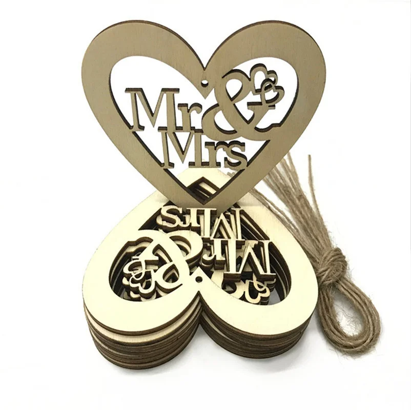 10PCS 80MM Hollow Wood Wedding Embellishment Laser Cut Home Hanging Ornament Love Heart Mr Mrs Wedding Party Decoration