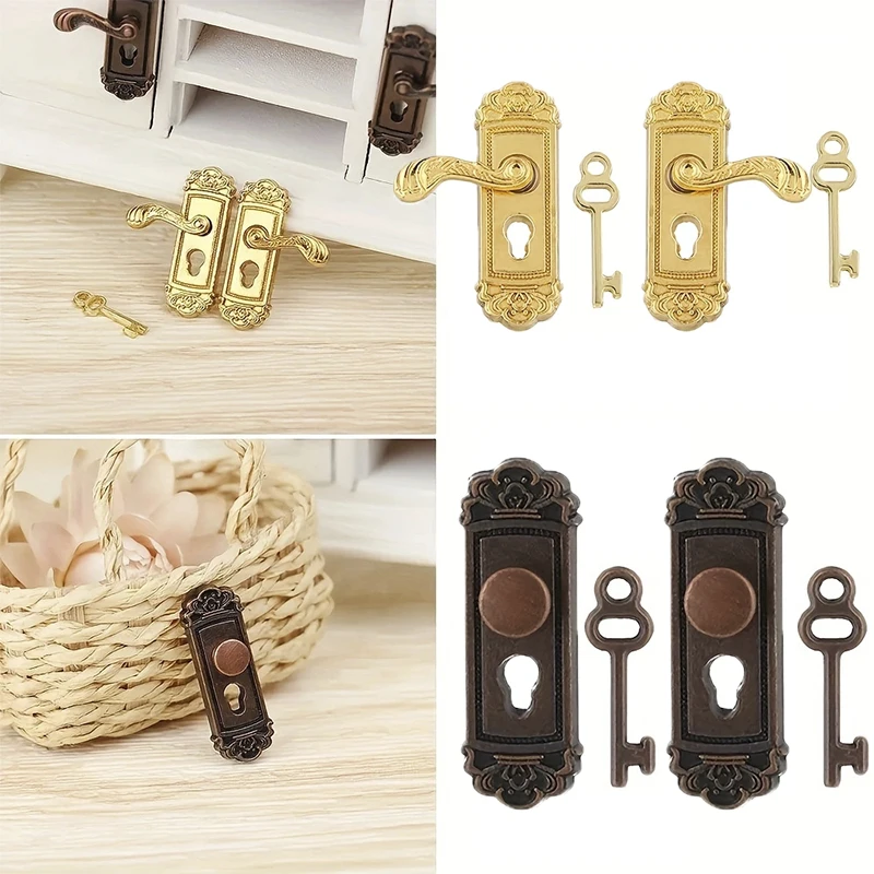 Vintage Miniature Door Handles 1/12 Scale Dollhouse Miniature Door Lock Key Set DIY Accessories Brass Knobs Fairy Mini Door