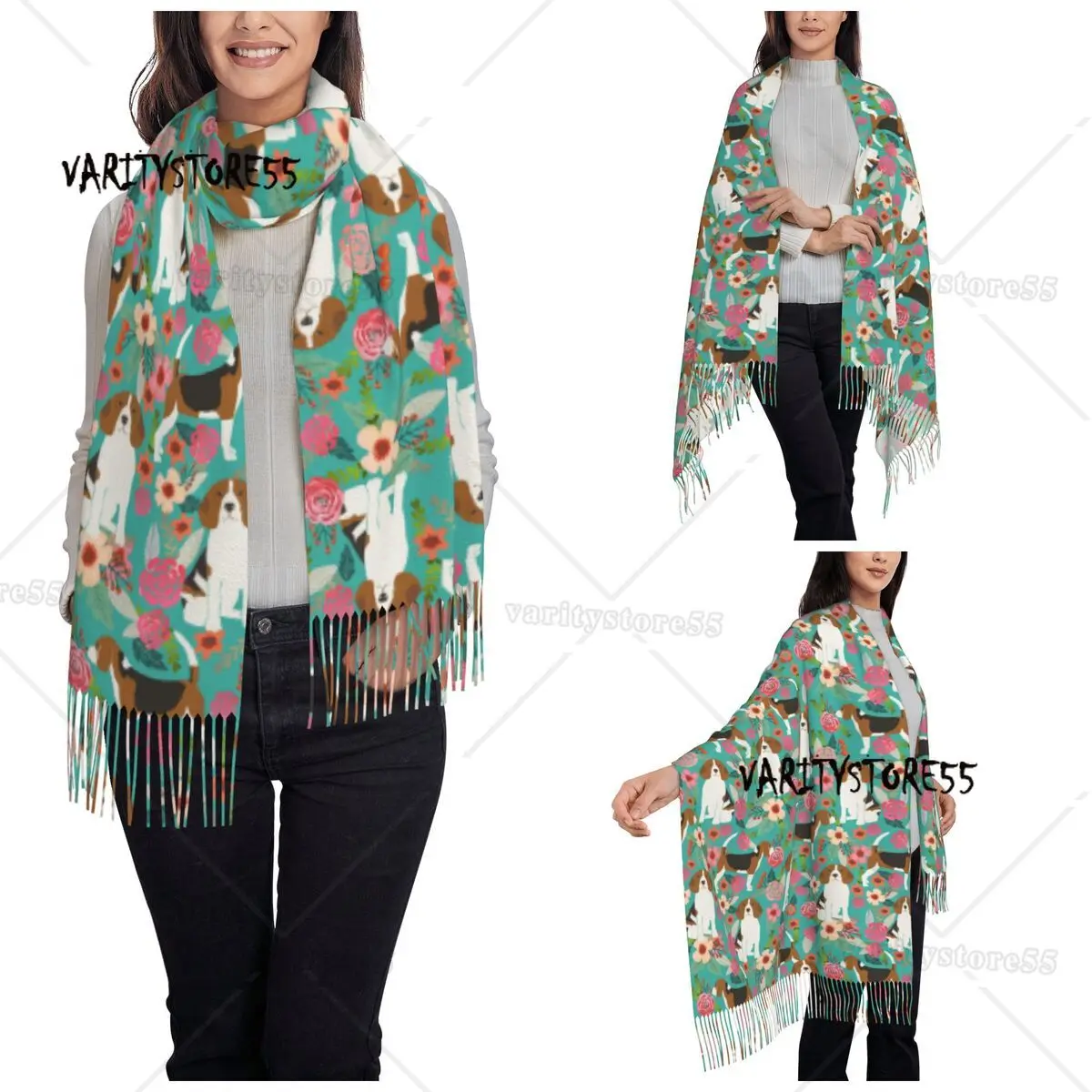 Sciarpa da donna con nappa Beagle Florals Dog Large Winter Warm scialle e Wrap Animal Daily Wear sciarpe di Pashmina