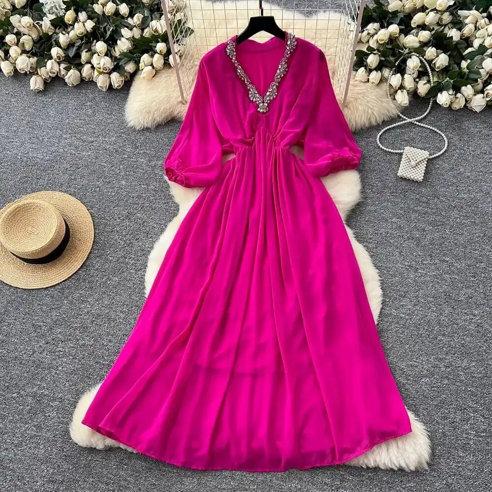 

BabYoung Корейское французское продвинутое элегантное тяжелое платье Dias с v-образным вырезом и рукавами-фонариками, тонкое Mujer трапециевидное шифоновое платье с рюшами