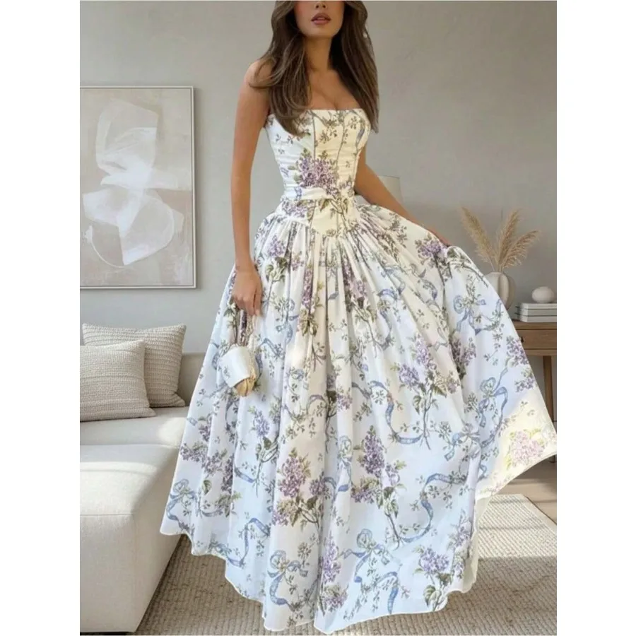 Elegant Strapless Floral Print Maxi Dress
