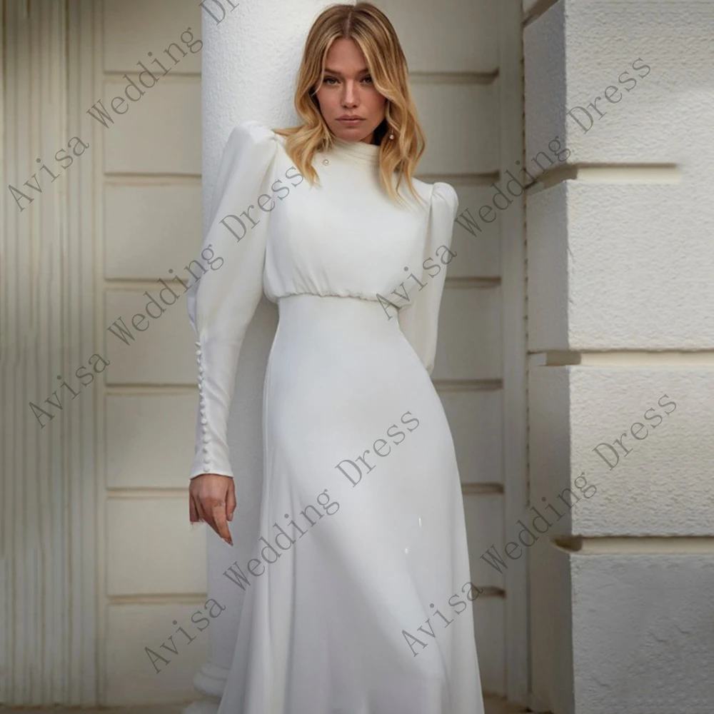 Vestido de casamento moderno gola alta chiffon, manga longa lanterna, pregas bainha, vestido de noiva, trem de varredura botão, 2024