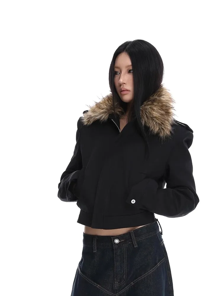 Faux Fur Trim Black Jacket Women Long Sleeves Zip up Fleece Vintage Loose Coat Autumn Winter Clothes Short Tops C104