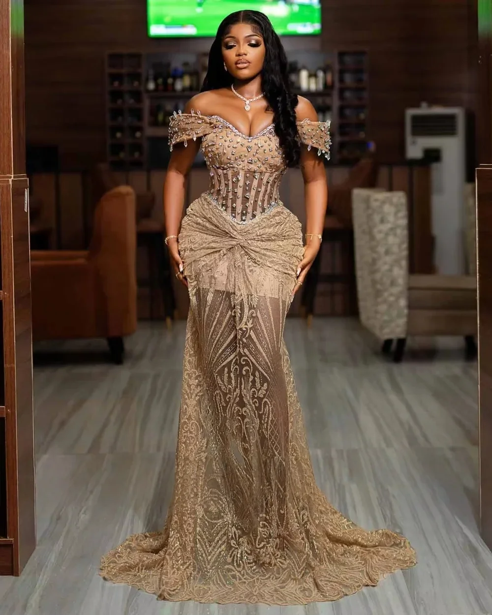 Champagnerfarbene afroamerikanische Ballkleider für schwarze Mädchen, herzförmiges Spitzenkleid mit Perlen, Aso Ebi Robe De Soiree, Abendkleid nach Maß