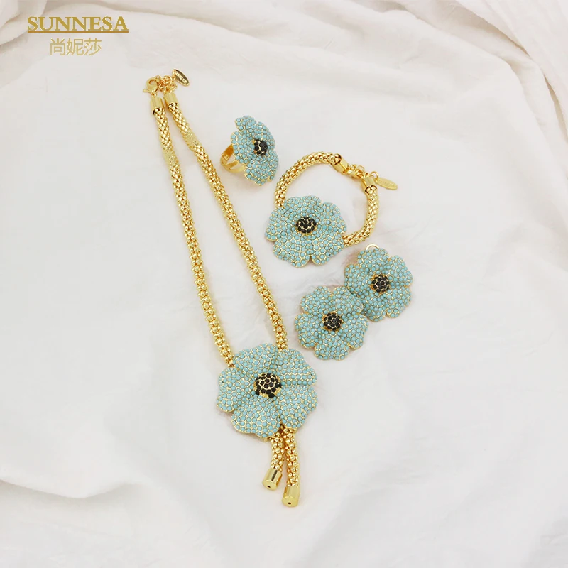 SUNNESA Luxury Rhinestone Dubai Jewelry Set for Women Green Flower Pendant Necklace African Clip Earrings Bracelet Rings Sets