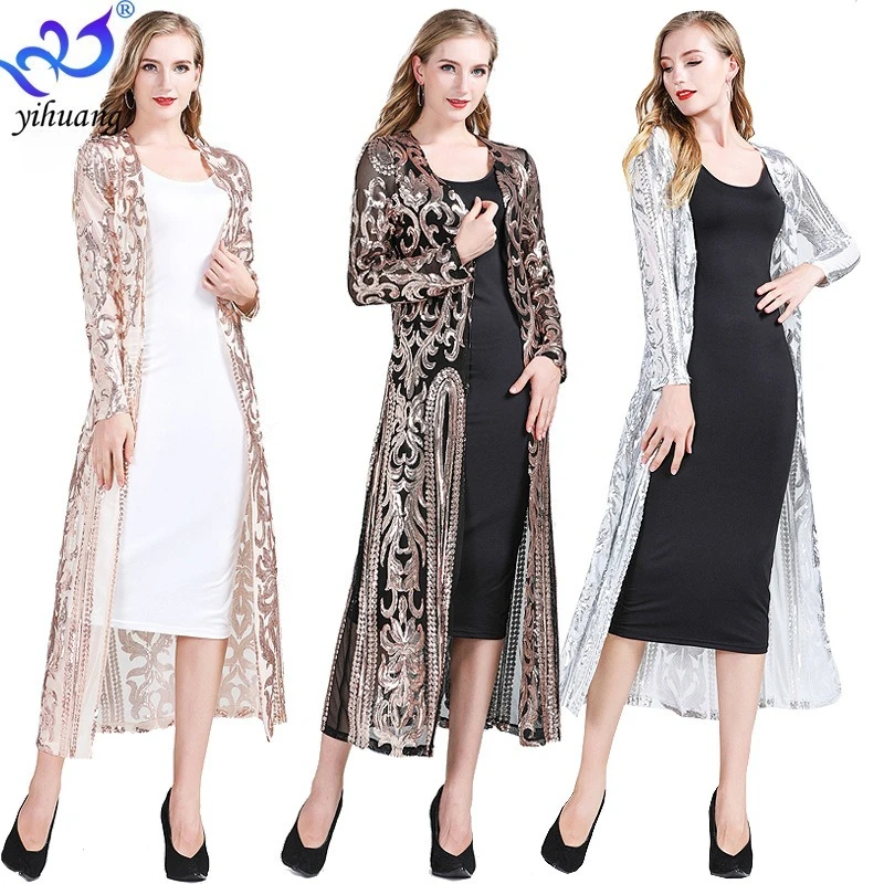 Celebrity leichte Luxus-Strickjacke mit Pailletten, langärmelige Jacke, Perlenschal, Party-Vertuschung, durchsichtige, lange Strickjacke aus Netzstoff