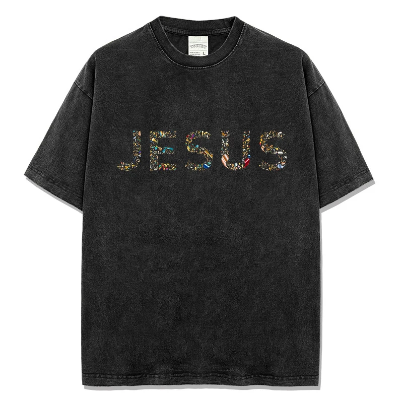 

Summer Men's Casual T-shirt Washed Color Jesus Letters Print Designer Short Sleeve T Shirts Pure Cotton Comfortable Male Tops