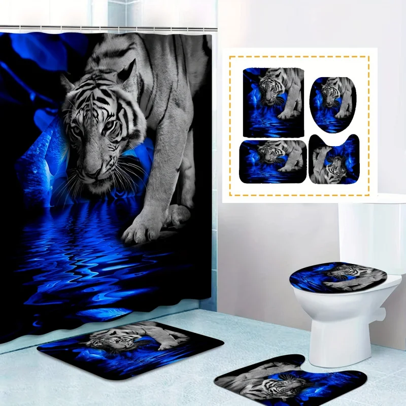 4PCs stylish Tigers flower print shower curtain set with non-slip bath rugs and toilet lid mat-70.9inch x 70.9inch polyester