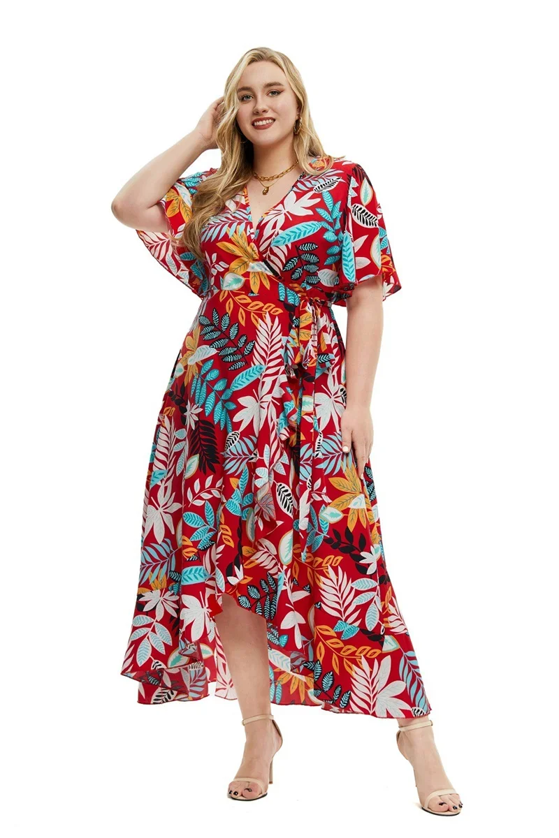 Damskie sukienki w dużych rozmiarach z dekoltem w szpic Moda damska z krótkim rękawem z nadrukiem Bohemian Dress Casual Streetwear Elegancka wiosna