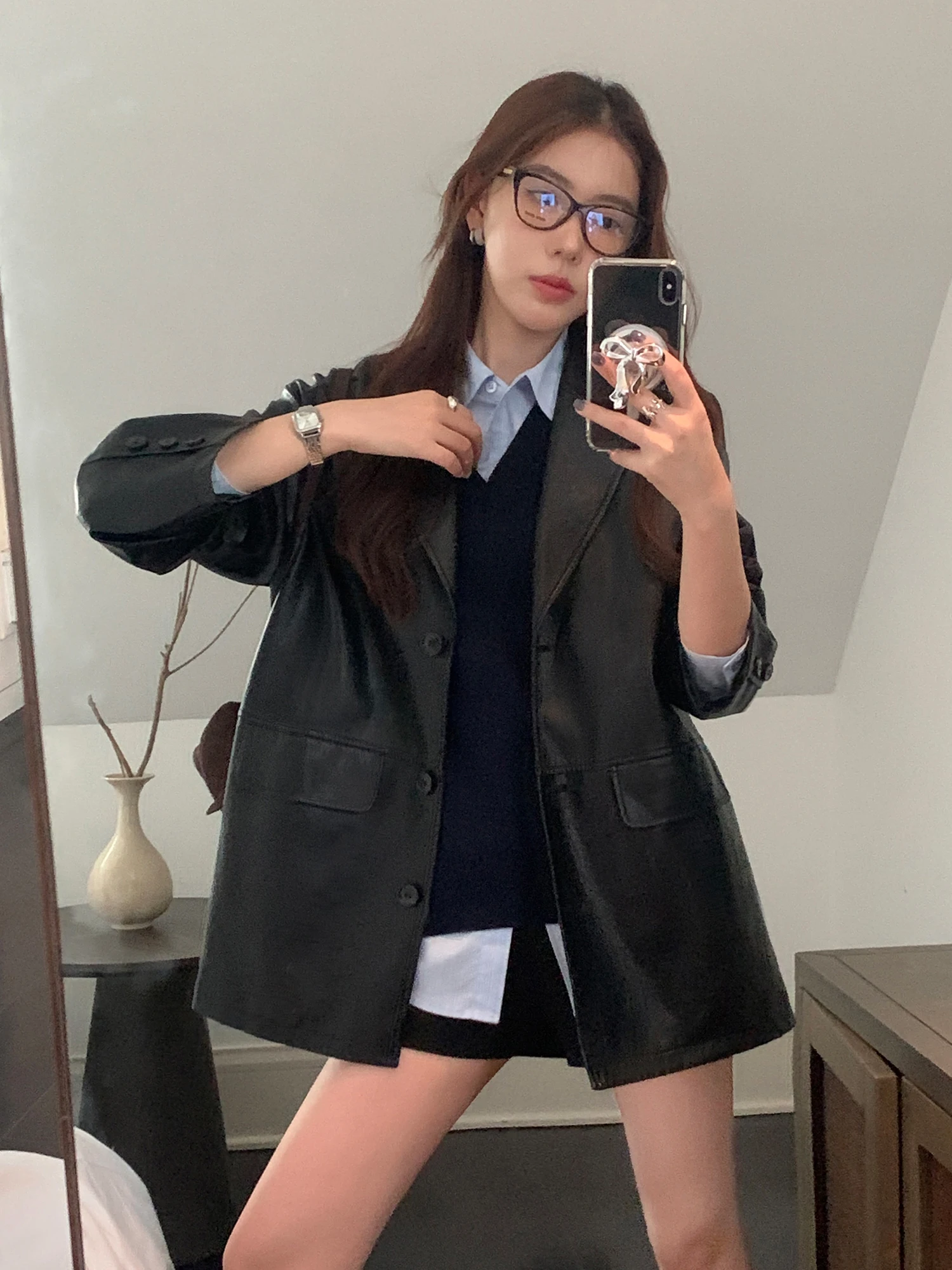 

Женская свободная куртка Pusumede Bla из искусственной кожи в стиле ретро, новинка весеннего сезона, уличный стиль, с длинными рукавами и пуговицами