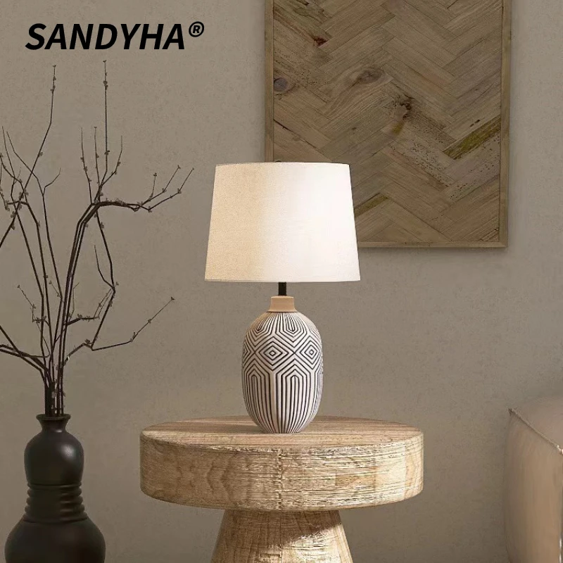 

SANDYHA Japanese Style Ceramic Floor Lamp Bedroom Bedside LED Light Living Room Decor Fabric Lampshade Indoor Lighting Fixtures