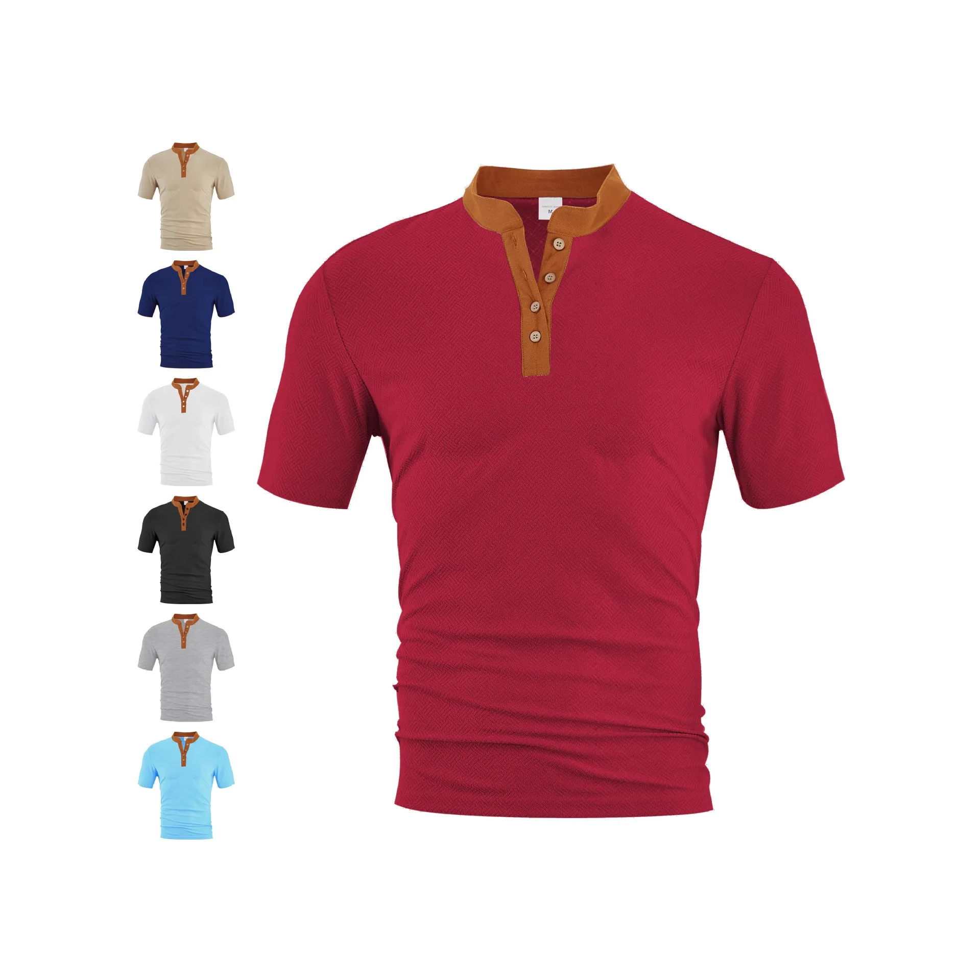 Men Herringbone Textured Henley T‑Shirt Contrast Color Placket Short Sleeve Button Summer Casual Tops