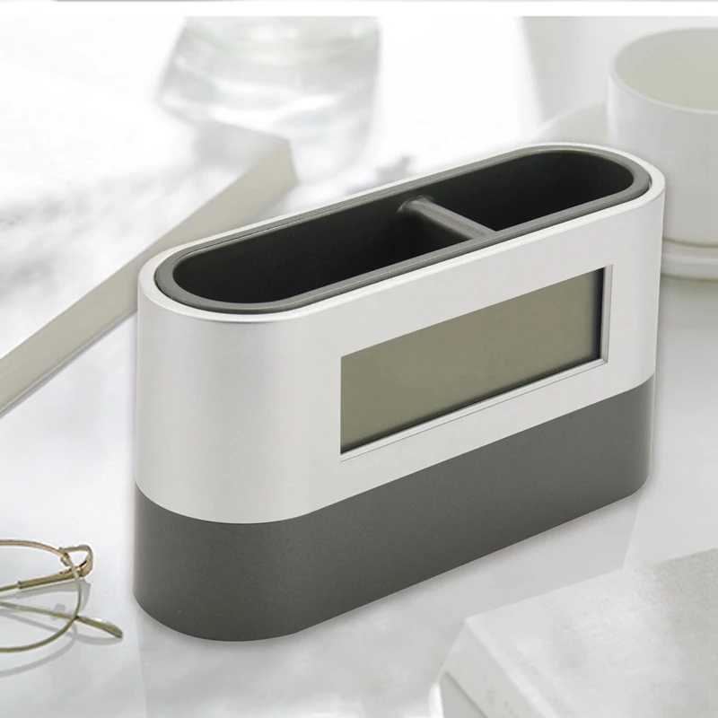 Hot-2X Pen Holder Tools Name Card Container With Digital Alarm Clock Timer Calendar Temperature Thermometer