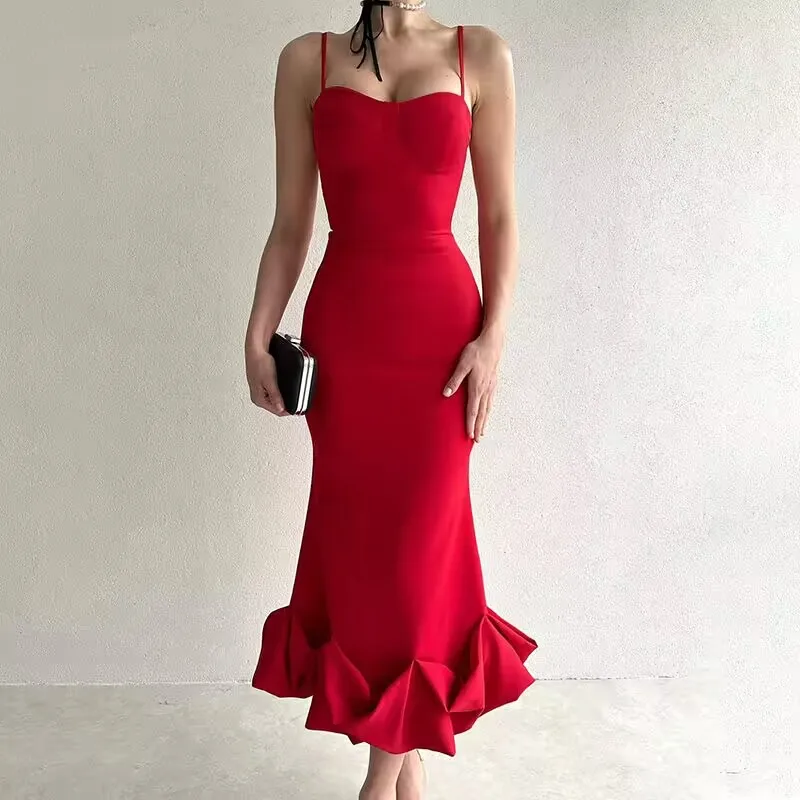 Sexy Sleeveless Backless Midi Dress Women 2023 Summer Fashion Bodycon Elegant Ruffles Eged Birthday Party Club Pencil Dess