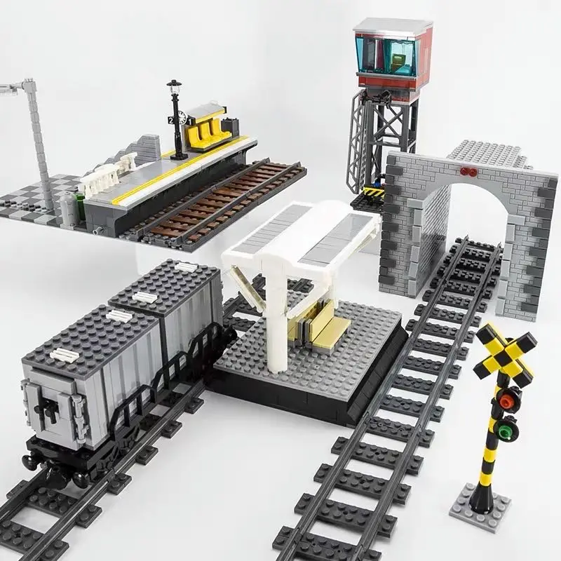 MOC Urban Vintage Train Car Building Blocks Freight Container Train Transport Car DIY Train Platform Traffic Light Scene Puzzle