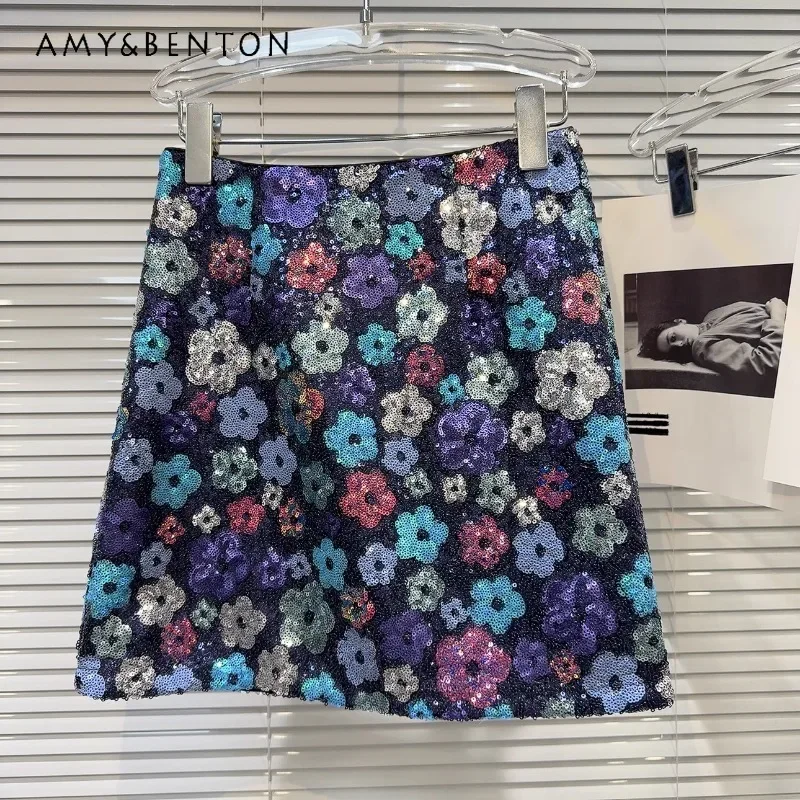 

2024 Autumn New Color Sequined Flower Light Luxury Chic High Waisted Short A-line Skirt Women's Clothes Kawaii Slim Mini Skirts