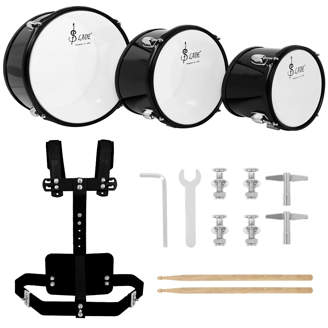 M MBAT Marching Triple Drum Band Polyphonic Drum Back-rack Triple Drum Percussion Instrument Parts 3 Tone Drum with Back Stand
