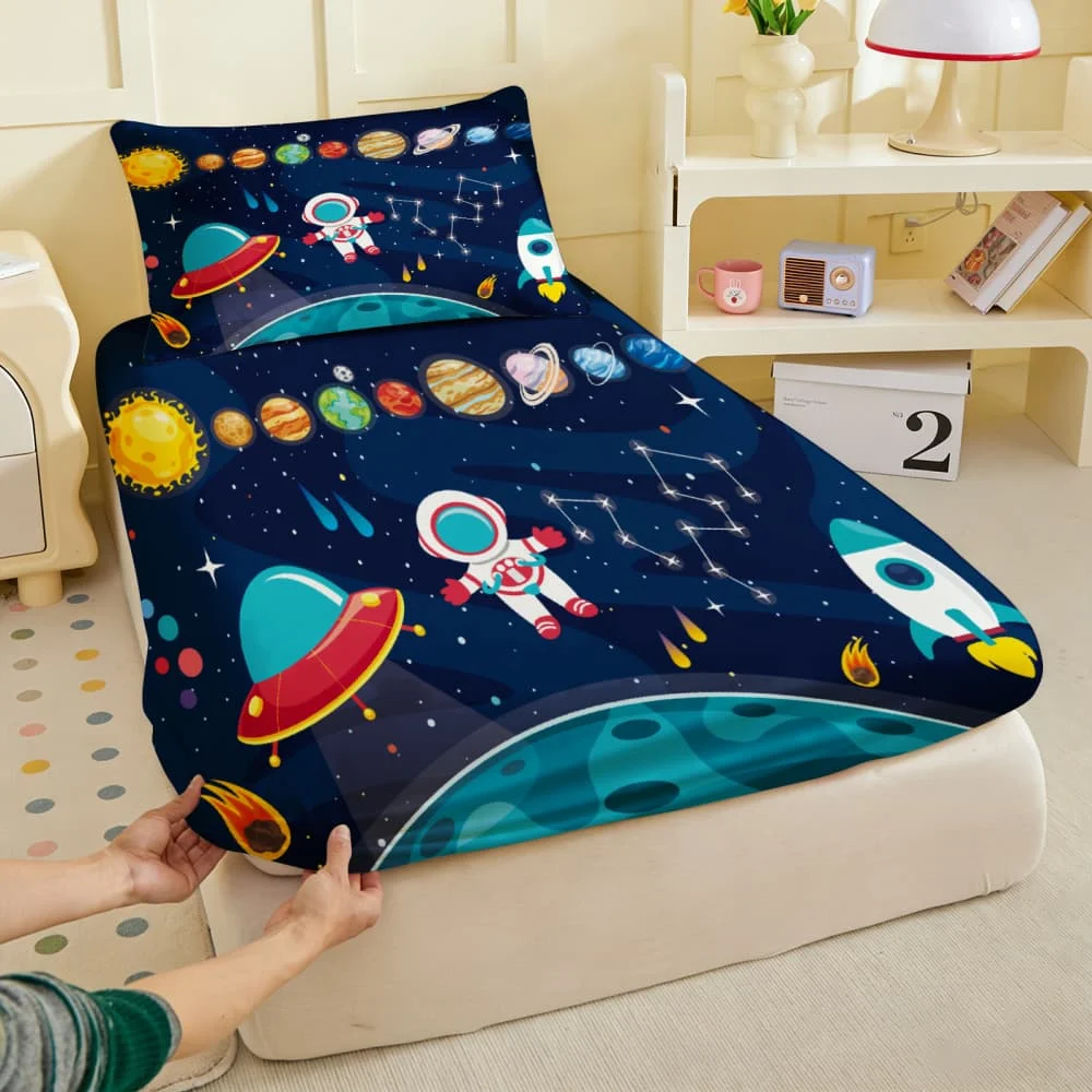 1pc Cartoon Space Astronaut Print Fitted Sheet Deep Pocket Elastic Mattress Cover Single Double Queen King Bedroom Decor