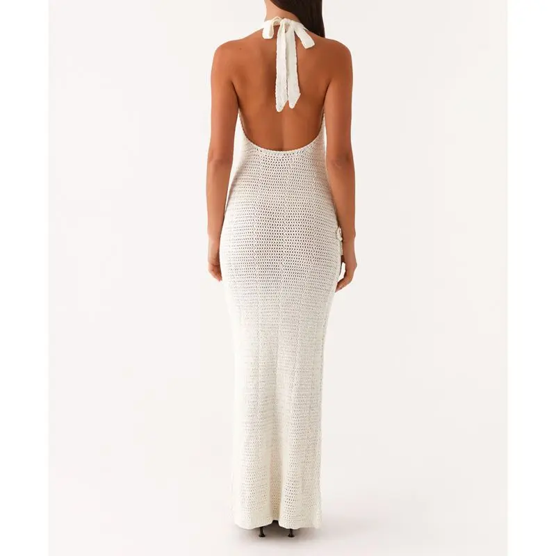 Combhasaki Women Lace-up Halter Round Neck Sleeveless 3D Flower Decor Knit Hollow Out Bodycon Backless Straight Tank Long Dress