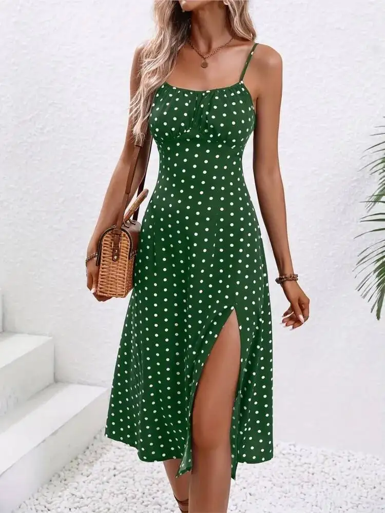 2025 Summer Sexy Spaghetti Straps Dress Women Fashion Polka Dot Print Sleeveless Slit Dress Boho Casual Beach Midi Dresses WR27
