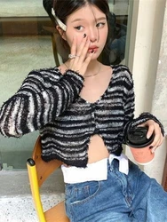 Vintage Summer Thin Striped Cardigan Women Casual Cropped Coat Korean Fashion  Smock Y2k Sexy Streetwear Grunge Kardigan